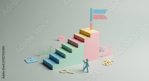 3d illustration of a person climbing a staircase with colorful steps and a flag on top