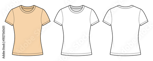 Classic Women’s Slim Fit Crew Neck T-Shirt Technical Fashion Illustration. Short Sleeve Basic Tee in Neutral Color. Front and Back View CAD Vector Template.
