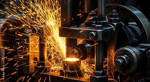 Industrial metalworking machinery with sparks flying during operation process