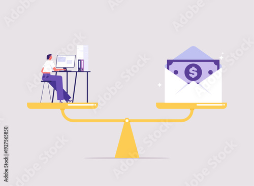 Worked and wages, salary or income balance concept, businesswoman balance working with wages or salary, work for money or incentive motivate to work overtime 