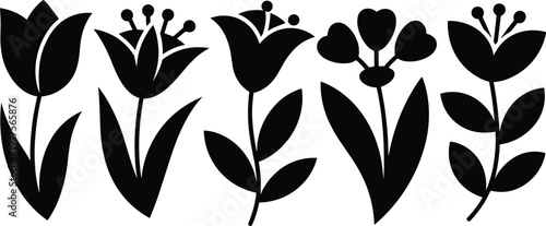 Floral silhouette vector illustration with diverse flower designs, decorative botanical art, creative petal arrangements, nature inspired artwork, ornamental black design