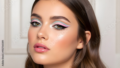 Creative Beauty Portrait of a Young Woman with Pastel Graphic Eyeliner and Glossy Pink Lips. High Fashion Makeup Trends Featuring Mint and Pink Liner with Glowing Skin. Artistic Cosmetics Photography 