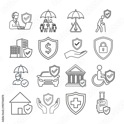 Comprehensive Insurance and Protection Line Icon Set: Secure Coverage for Family, Health, Finance, Property, and Life with Shield, Umbrella, and Safety Symbols for Business