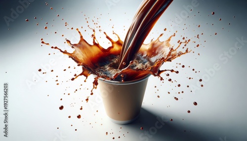 Coffee is poured into a paper cup, causing splashes on a white background