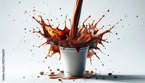 Coffee is poured into a paper cup, causing splashes on a white background