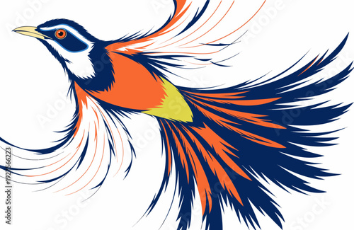 Wallpaper Mural A dynamic and highly stylized illustration of a bird in mid-flight, showcasing vibrant orange, dark blue, white, and yellow feathers with dramatic sweeping lines. Torontodigital.ca