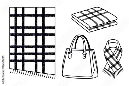 Wallpaper Mural Minimalist black and white line art illustrates a plaid blanket, folded textile, stylish handbag, and a chic scarf, ideal for conceptual fashion and home projects. Torontodigital.ca