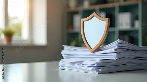 Corporate document protection concept with shield safeguarding confidential financial paperwork
