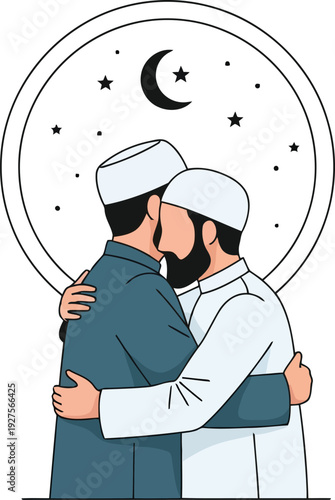 Muslim men embracing during Eid celebration with crescent moon and stars background, vector illustration
