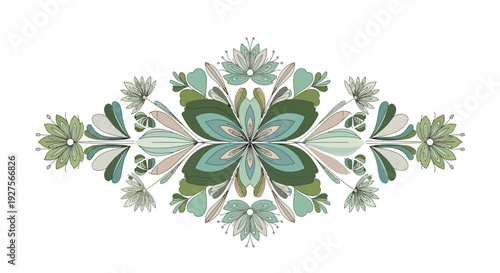 Symmetrical floral pattern with green leaves and flowers.
