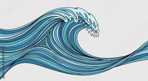 Stylized ocean wave illustration with blue swirling patterns.