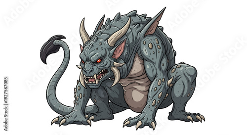 Fantasy cartoon monster with horns and sharp teeth.