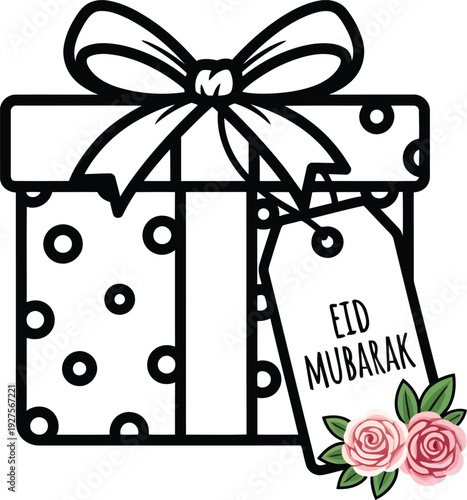 Eid Mubarak gift box illustration with floral tag, black and white festive present for Islamic holiday greetings