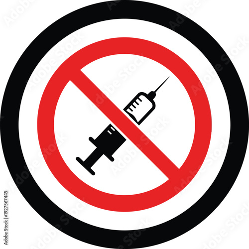 No Injection Allowed Sign, Red Circle Prohibition Symbol with Syringe Icon for Medical Warning