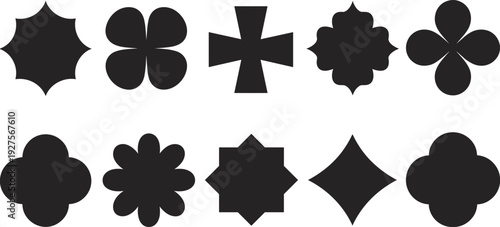 Geometric flower shape silhouette set, abstract black ornamental icons collection isolated on white background, decorative symmetrical vector illustration design