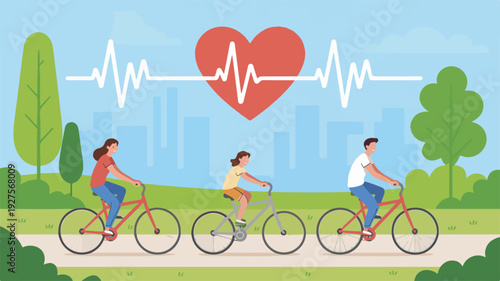 Family cycling together in park with heart rate line and cityscape background for health and wellness concept