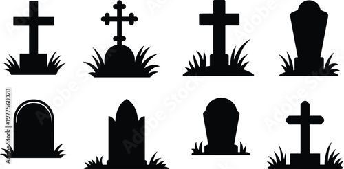 Gravestone and cross tombstone silhouette set, cemetery memorial icons collection, black vector illustration isolated on white background