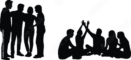 Group of friends silhouette talking and celebrating together, teamwork and friendship concept, black vector illustration isolated on white background