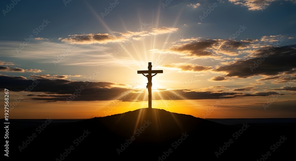 Obraz premium Good friday reflection jesus christ crucifixion silhouette at sunset
