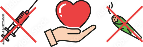 No Animal Testing Symbol with Heart in Hand and Crossed Out Syringe and Bird Vector Illustration