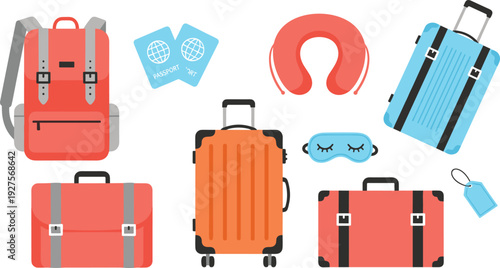 Travel accessories and luggage set including colorful suitcases backpack passports neck pillow sleep mask and tags isolated on white background for vacation and tourism