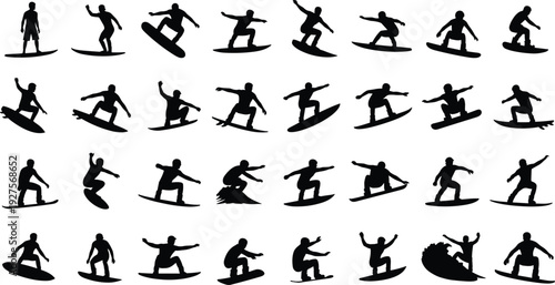 Large collection of black surfer silhouettes in various poses riding waves on surfboards isolated on white background for summer sports and beach lifestyle design projects