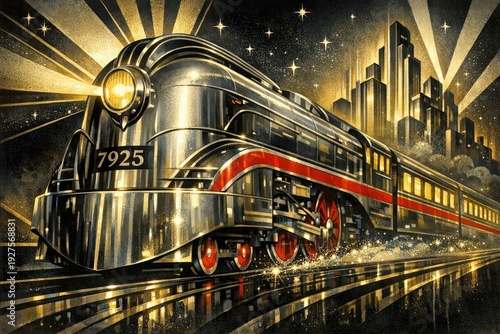 Futuristic train in vibrant cityscape.