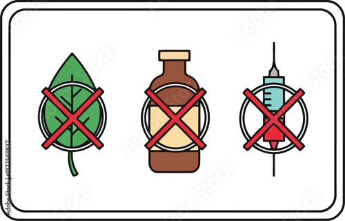No Drugs Allowed Sign with Leaf, Bottle, and Syringe Icons in Flat Vector Style