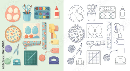 A collection of crafting supplies for Easter egg decoration and other creative projects, including scissors, paints, glue, and decorative papers.