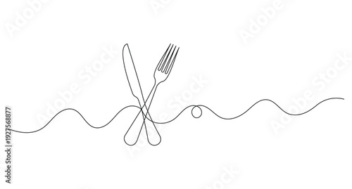 Continuous one line drawing of a plate knife fork and spoon for restaurant logo and menu design