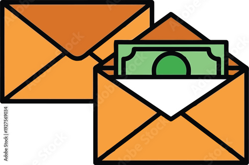 Envelope with Cash Illustration for Payment, Salary, Bonus, or Gift Concepts