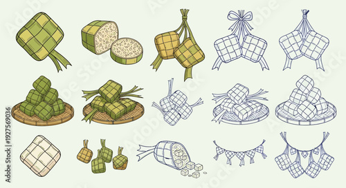 A collection of hand-drawn illustrations of Ketupat, a traditional rice cake wrapped in woven palm leaves, commonly served during festive occasions.