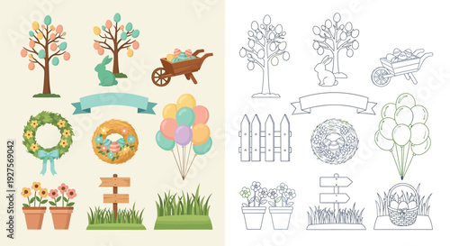 Collection of Easter-themed graphic elements including decorated trees, bunnies, wheelbarrows, wreaths, balloons, signs, and potted flowers, presented in both color and outline versions.