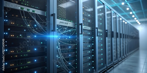 Photorealistic close-up of high-density server rack in enterprise data center, reflective metal surfaces, fiber optic cables with soft blue glow, semi-transparent AI data visualization overlay showing