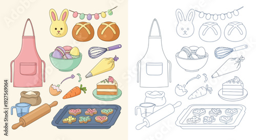 A colorful illustration of Easter baking supplies and treats, including an apron, bunny decorations, bread, cookies, and cake.