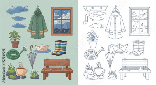 A collection of rainy day essentials and outdoor elements, including a raincoat, boots, umbrella, and a steaming cup of tea.