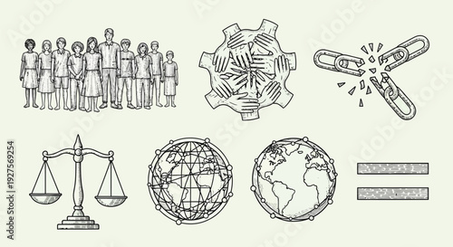 A collection of hand-drawn illustrations representing social justice, equality, community, and global connection.