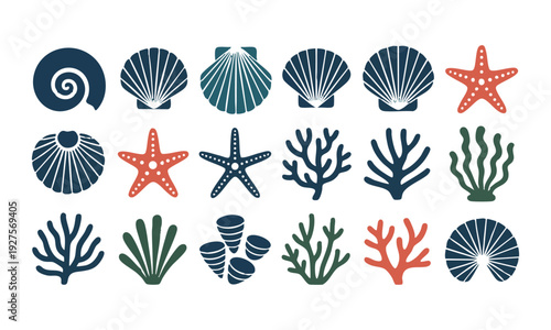 Nautical ocean shell and coral icon set minimal coastal nature graphics vector illustration, easily editable.