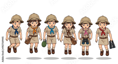 A group of diverse cartoon children wearing safari hats and uniforms ready for adventure