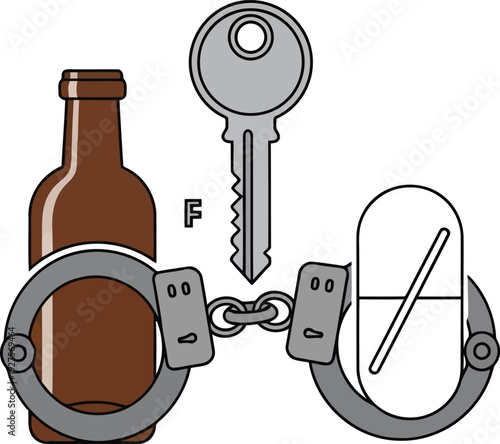 Alcohol and Drug Abuse Concept with Handcuffs, Key, Bottle, and Pill Illustration