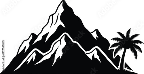 Black silhouette of a mountain range with a palm tree isolated on transparent background
