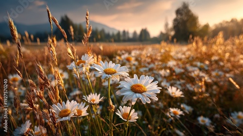 Field of daisies bathed in warm sunlight, with mountains and trees in the distance