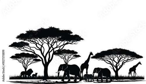 African safari wildlife landscape silhouette, savanna panoramic border with elephant giraffe lion and acacia tree, nature wildlife isolated on white background,