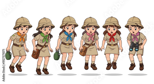 A group of diverse cartoon children dressed as explorers wearing pith helmets and safari outfits