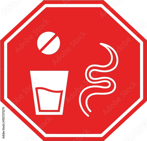 Red Warning Sign for Unsafe Drinking Water with Parasite and Pill Symbol Vector Illustration