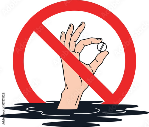 No Drowning Warning Sign with Hand Holding Pill in Water – Safety and Health Hazard Illustration