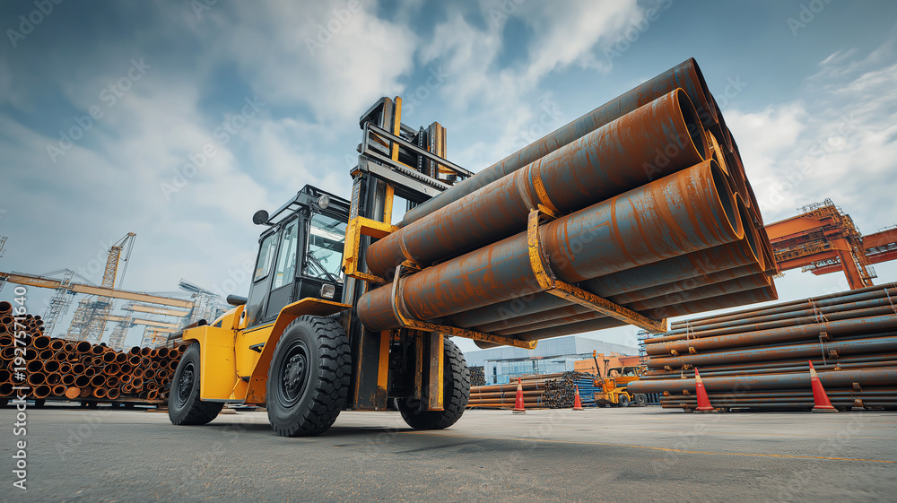 Fototapeta premium A yellow forklift lifts heavy steel pipes at a busy worksite under cloudy skies Generative AI