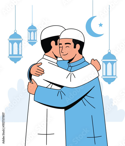 Muslim men hugging and celebrating Eid al-Fitr with lanterns and crescent moon in flat vector illustration