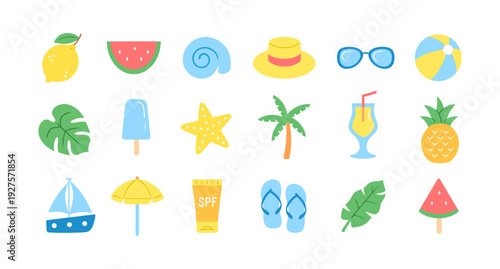 Beach summer vacation doodle vector hand drawn set