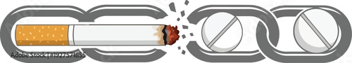 Broken cigarette and pills in chain symbolizing quitting smoking and addiction recovery concept